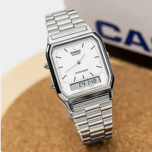New CASIO AQ-230A-7D White Dial Dual time Stainless Steel Band Watch AQ230A Fashionable Wristwatch Casual Wristwatch