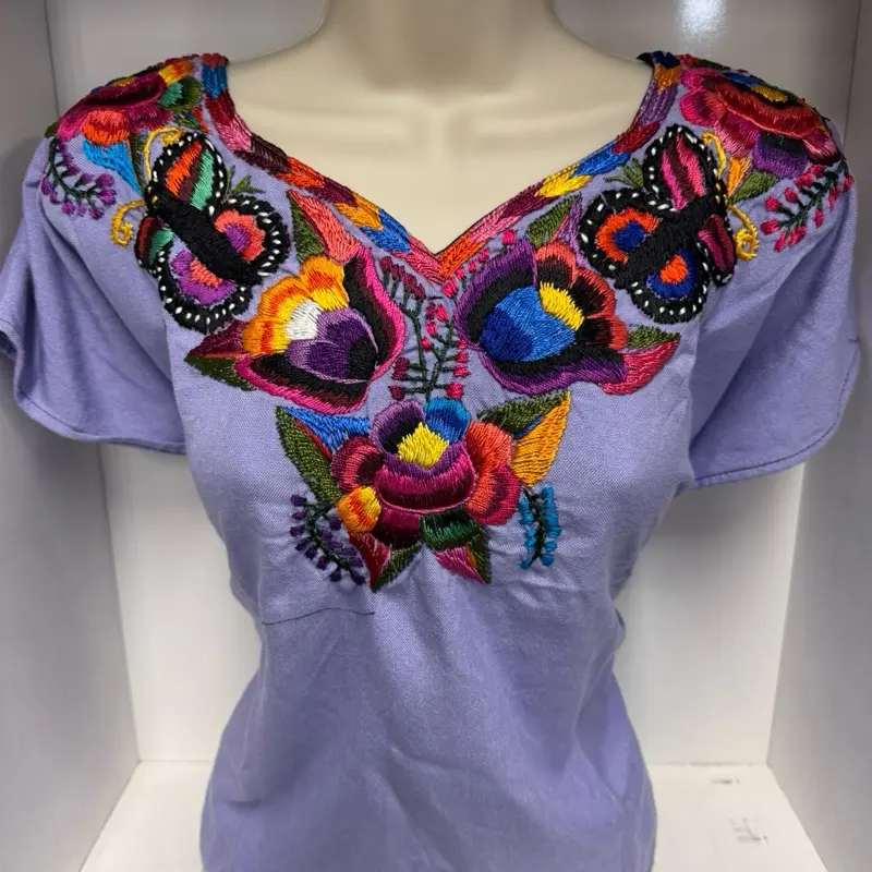 German Thread Blusa with Hand Embroidered Floral Designs in Lavender Color Top for Women - Shirts