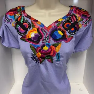 German Thread Blusa with Hand Embroidered Floral Designs in Lavender Color Top for Women - Shirts