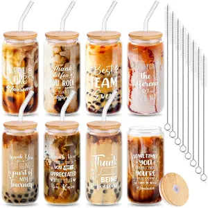 8 Set Employee Appreciation Gifts, Thank You Gifts for Staff Coworker 16oz Can Shaped  Glass Cups with  Straws Brushes, Bulk Appreciation Cups for Staff Coworker Team  Teacher Nurse