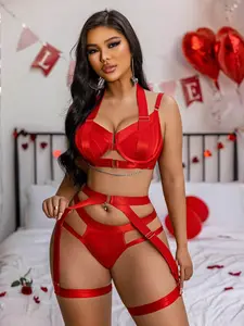 Women's Red & Black Satin Lingerie Set , Chain Detail Harness Bustier with Crisscross Garter Straps, Sexy 2 Piece Lingerie for Valentine's Day/Anniversary/Honeymoon, Hot Selling Lingerie for Women, Sneaky Lingerie for Bedroom plus Pu Leather Strappy Belt