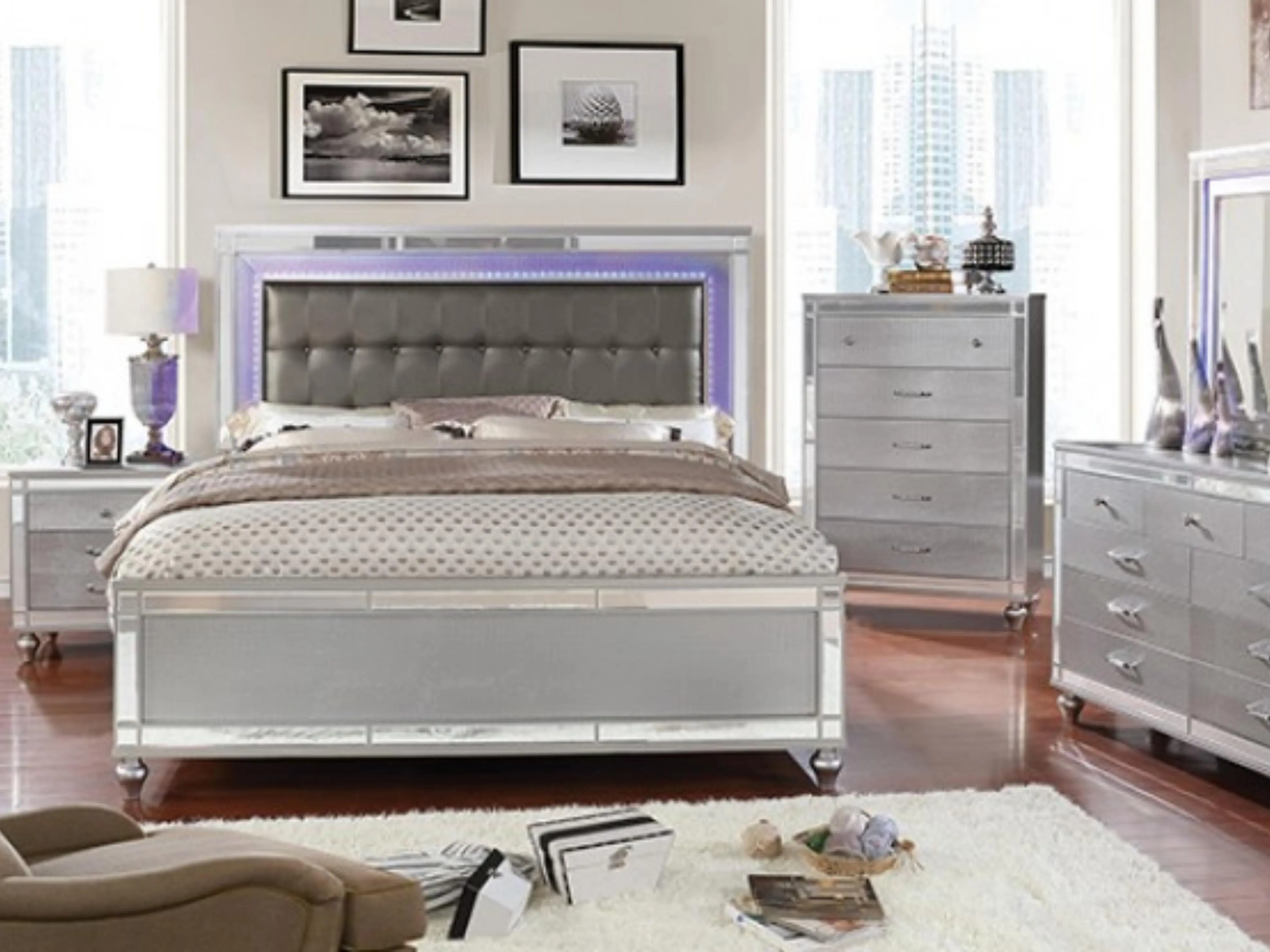 CM7977SV 4 pc Rosdorf park drage brachium silver finish wood queen bedroom set with mirror accents