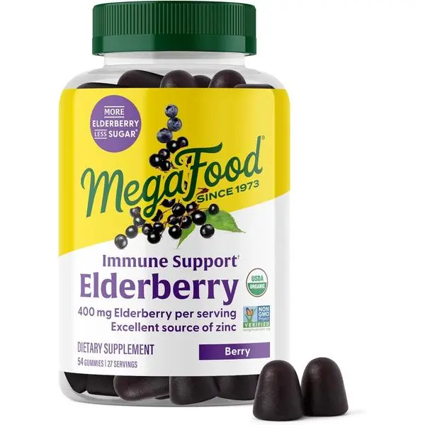 MegaFood Elderberry Gummies for Kids, Teens & Adults, Immune Support Supplement, Gummy Vitamins - Made with Zinc & Real Food, Pectin-Based, USDA Organic, Vegan - 54 Count, 27 Servings