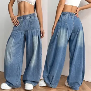 Woman's High Waist Wide Leg Denim Pants Baggy Loose Elastic Waist Cargo Pants Casual Streetwear Chic Fashion Trendy Jean Trousers For Women