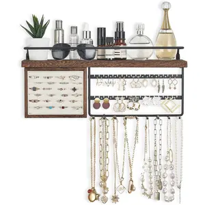 Hanging Jewelry Organizer Wall Mounted Jewelry Organizer Necklace Holder with Rustic Wood Shelf, Ring Display Box, Ear Studs Earring Holder Bracelet Organizer