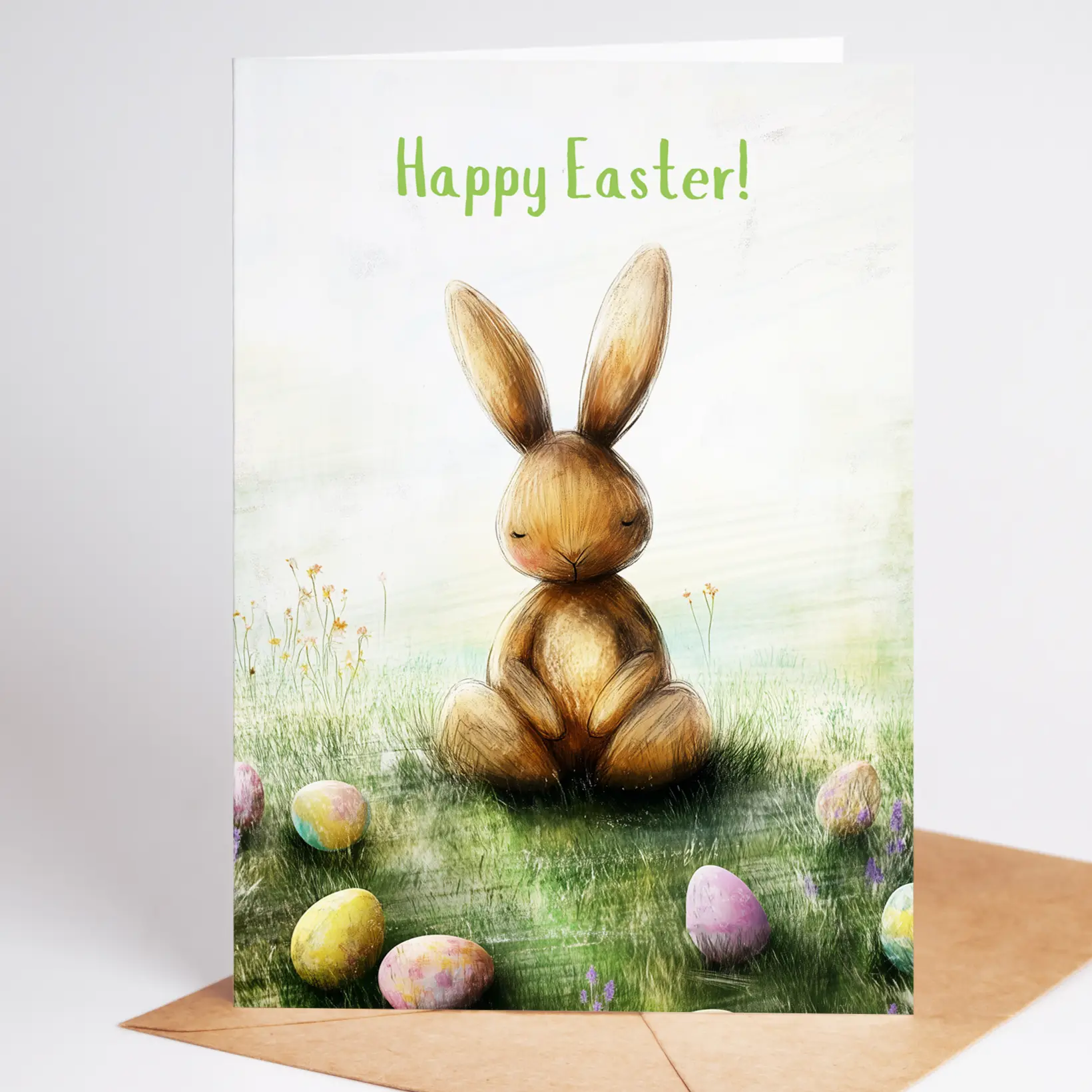 Adorable Easter Greeting Card | Happy Easter Bunny and Eggs Card | Cute Rabbit Spring Card | Whimsical Easter Holiday Card