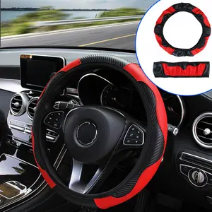 Car steering wheel cover (carbon fiber sports style, no built-in elastic band), breathable and non-slip, unisex, suitable for most car models, black and red color scheme.