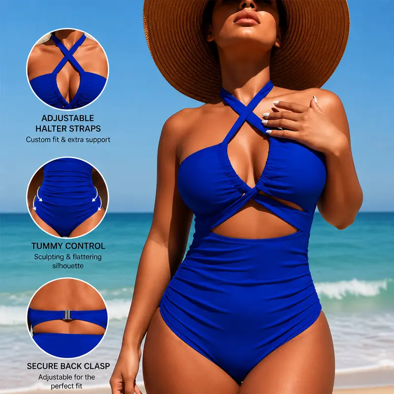 Women's Solid Halter Cut-Out 1-Piece Swimsuit, Tummy Control Slimming Bathing Suit for Beach, Pool Vacations