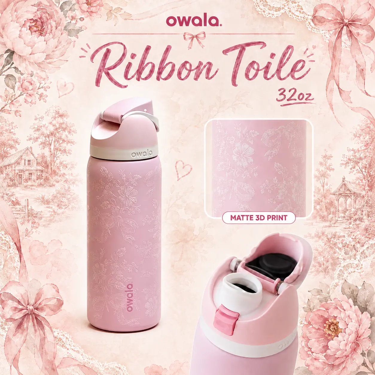 Owala Ribbon Toile 32oz FreeSip Water Bottle | Coquette Bow Print Insulated Stainless Steel Bottle for School, Work, Travel, Gym & Everyday Hydration