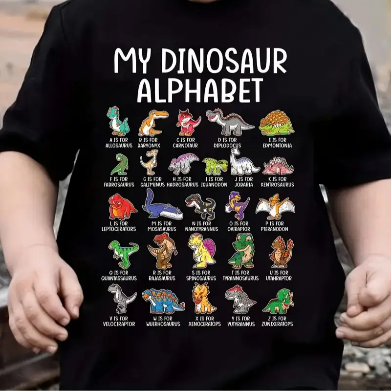Boys' Cotton T-shirt My Dinosaur Alphabet Letter Print And Cool Dinosaur Pattern Print For Comfortable And Casual Round Neck Short Sleeves