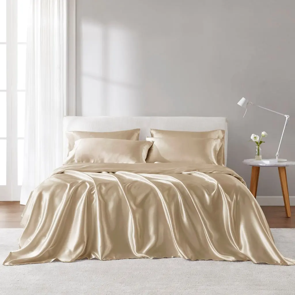 Madison Park Essentials MPE20-1162 Comfy Satin Bedding Set - 108x102x0.13 in. Champagne Complete Bedsheet Set for California King Size, Bedsheet Sets, Complete Sheet Set