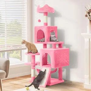 DWVO 54in Cat Tree Tower for Indoor Cats, Multi-Level Cat Climbing Tower with Sisal Scratching Post and Board, Cat Condos, Plush Top Perches, Hammock, Kittens Pet House Play