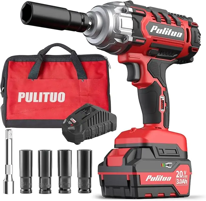 PULITUO 20V Cordless Impact Wrench 1/2 Inch, Power Impact Gun Max Torque 3.0Ah Li-ion Battery, Led Light, 4 Pcs Impact Sockets, Tool Bag