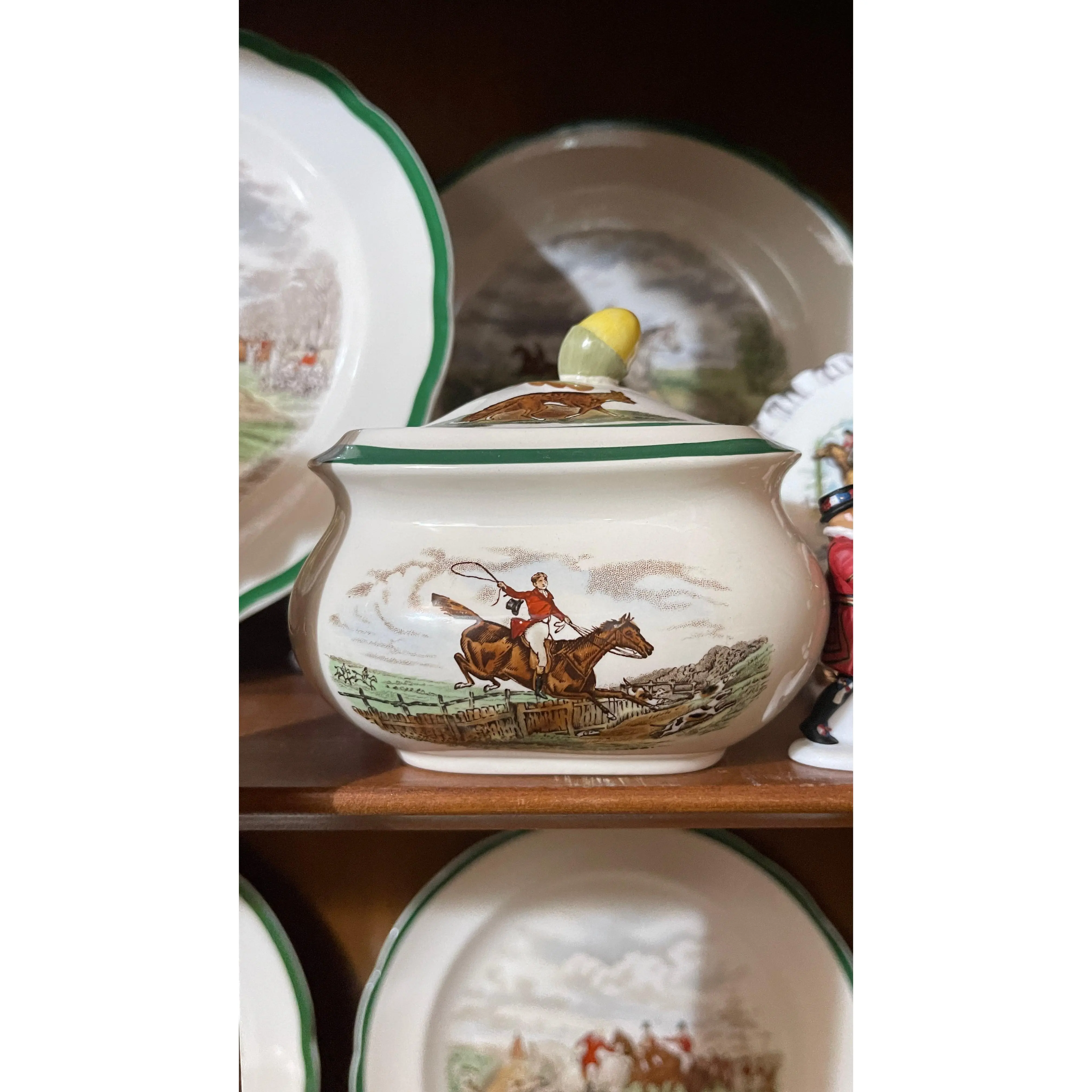 Vintage Spode Hunting Scene Covered Dish with Acorn Finial