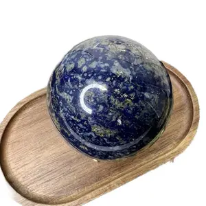 Lápiz Lazuli Crystal Stone Sphere Decoration - Blue and Green Swirling Pattern on Wooden Base natural lapis lazuli stone