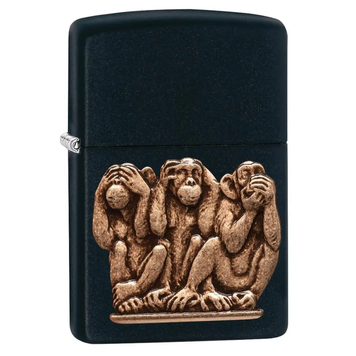 212 MAIN 3 Monkeys See-Hear-Speak No Evil Black Matte Emblem Lighter, Windproof Refillable Solid Brass Metal Lighter, Car Interior Decoration Accessories
