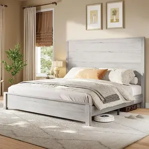 [Memorialday]VanAcc Wood Platform Bed, Rustic Bed Frame with 51.2" Tall Slatted Headboard, Wooden Slats & Metal Support, No Box Spring Needed/Noise Free
