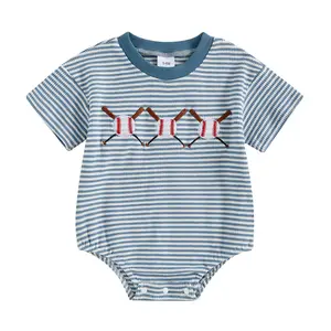 Infant Baby Boys Baseball Romper Short Sleeve Embroidery Waffle Knit Jumpsuit Bodysuit Summer Clothes