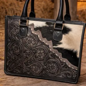 Black & White Cowhide Tooled Leather Handbag