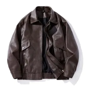 men's autumn and winter casual faux leather bomber jacket, fashionable modern motorcycle flight jacket, casual loose soft motorcycle jacket, lapel button zipper long sleeve with pocket jacket, PU leather