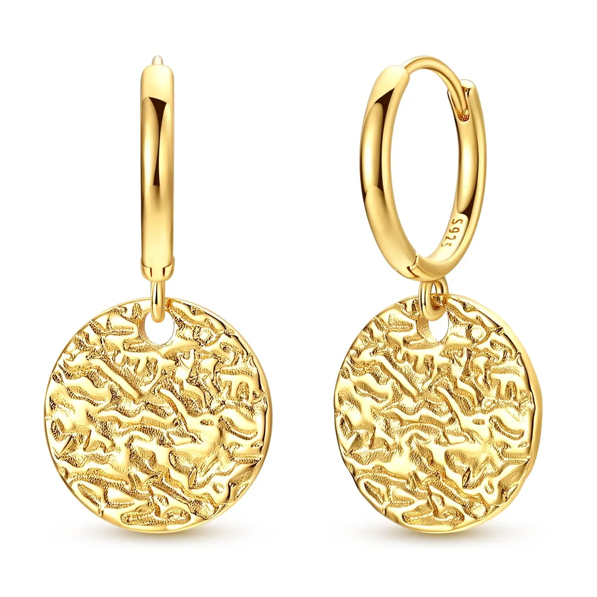 MULA 14K Gold Plated Hammered Coin Earrings for Women – 925 Silver-plated Textured Round Disc Drop Huggie Hoops, Minimalist Molten Metal Geometric Dangle Jewelry Gifts, Minimalist Outfits