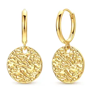 MULA 14K Gold Plated Hammered Coin Earrings for Women – 925 Silver-plated Textured Round Disc Drop Huggie Hoops, Minimalist Molten Metal Geometric Dangle Jewelry Gifts