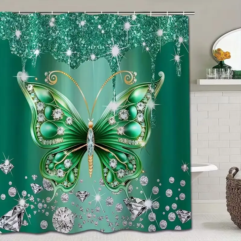 1/4pcs Green Butterfly Crystal Diamond Pattern Bathroom Decor Set, Shower curtain sets, including shower curtain, toilet seat cover, rectangular bathroom mat, and U-shaped mat, Perfect for bathroom decoration, Comes with 12 shower curtain hooks