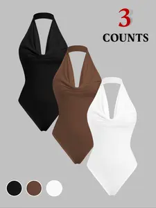 Women's 3 Piece Solid Color V Neck Pile Collar Halter Jumpsuit, Fashion Slim Fit Single Wear Layered, Stylish All-Season Apparel Bodysuit