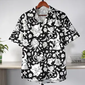 2026 Hawaiian Sets PKM [FREESHIP] A perfect gift for all ages in your family this summer - ideal for a beach trip – Anime PKM Bold with the Ghost Type Aloha Pattern Black Hawaiian Shirthirt