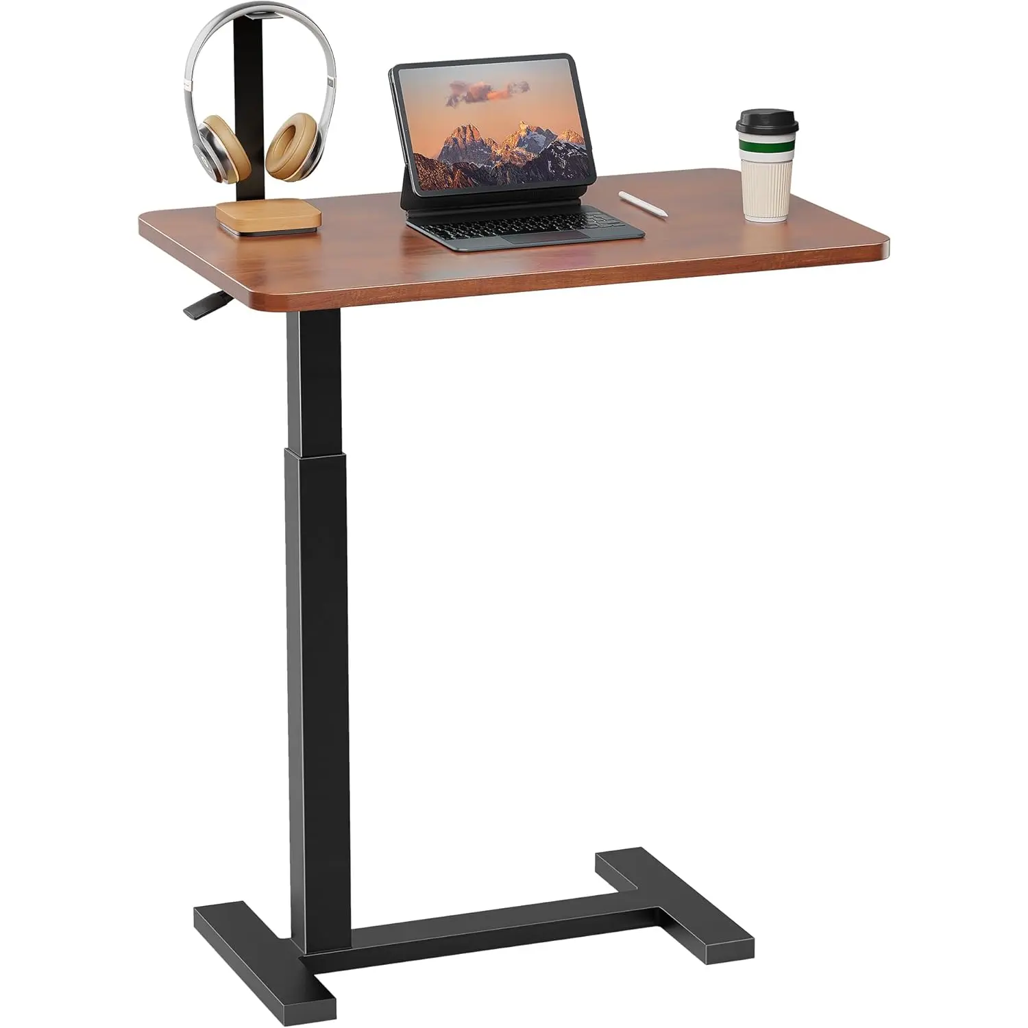 Adjustable Overbed Bedside Table with Wheels, Pneumatic Adjustable Hospital & Home Use Bed Table, Rolling Laptop Table, Mobile Standing Desk, Brown Simple Deluxe