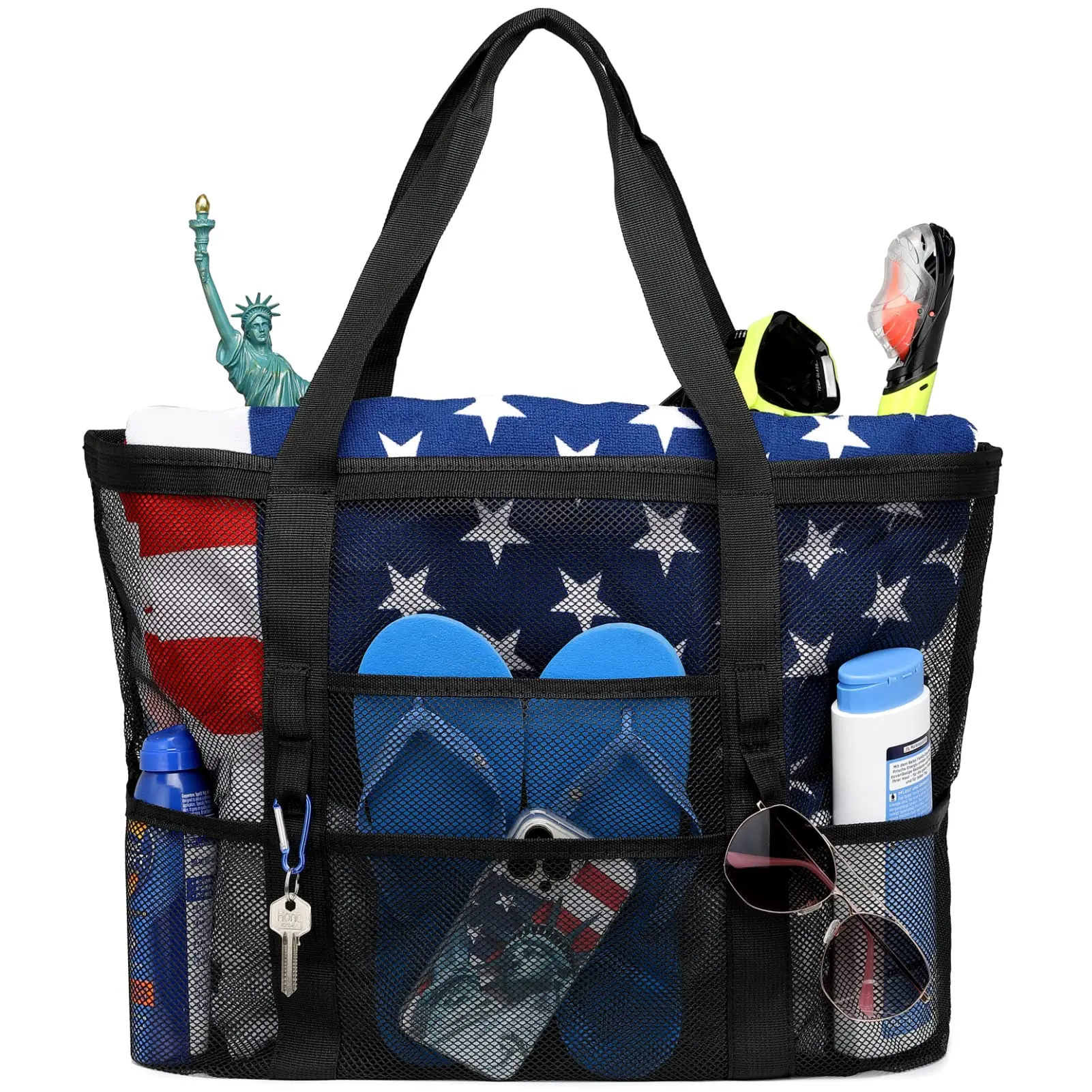 Extra Large Mesh Beach Bag with 9 Pockets - Family Size Tote for Vacation, Cruise & Pool | Holds 160lbs, Sand-Proof, Fits 6 Towels