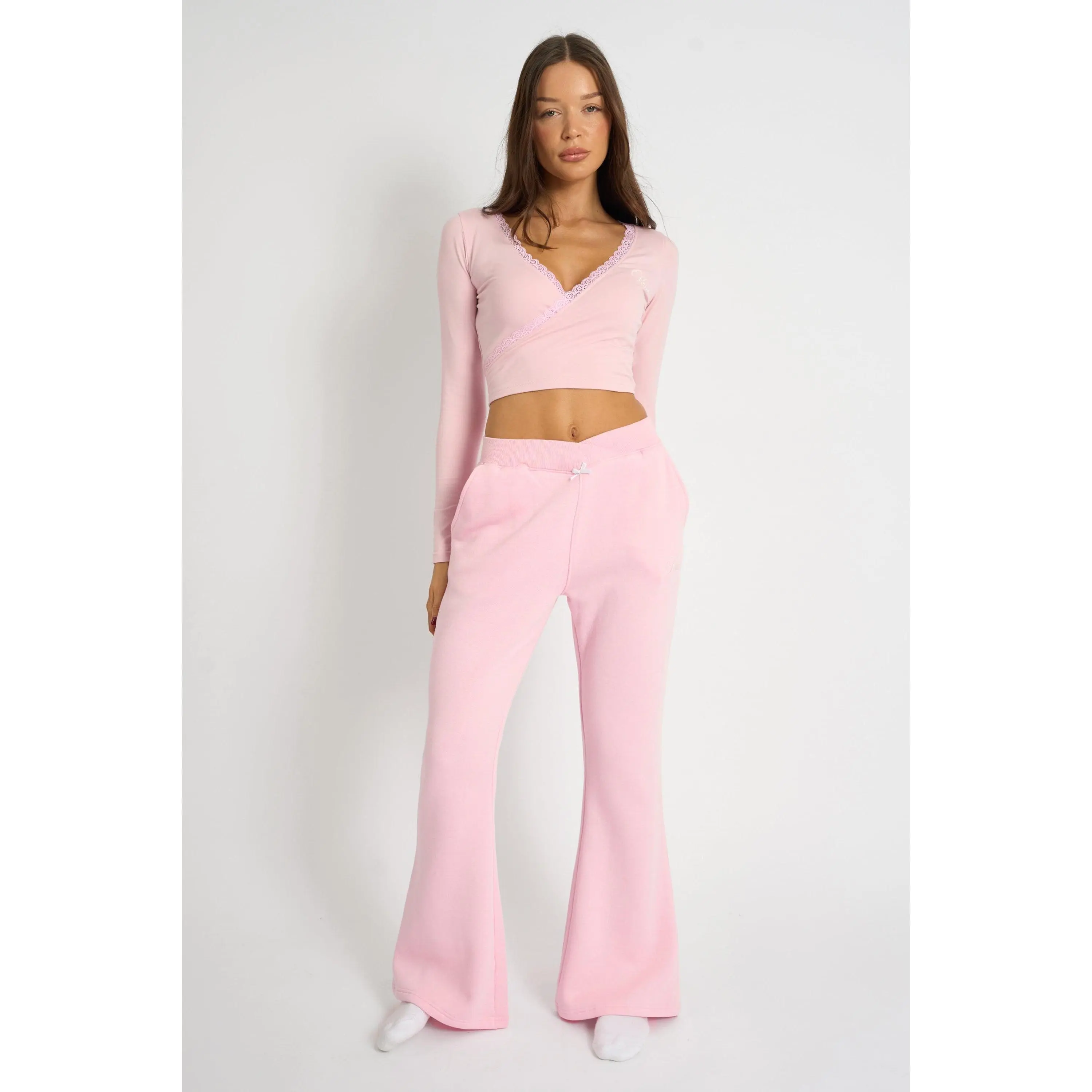 Kaiia Bow Detail Wide Leg Joggers Pink