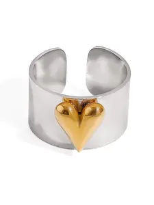 Women's Modern Minimalist Stainless Steel Heart Signet Ring, Fashionable Open Design, Silver Color Accents, Elegant Jewelry Gift