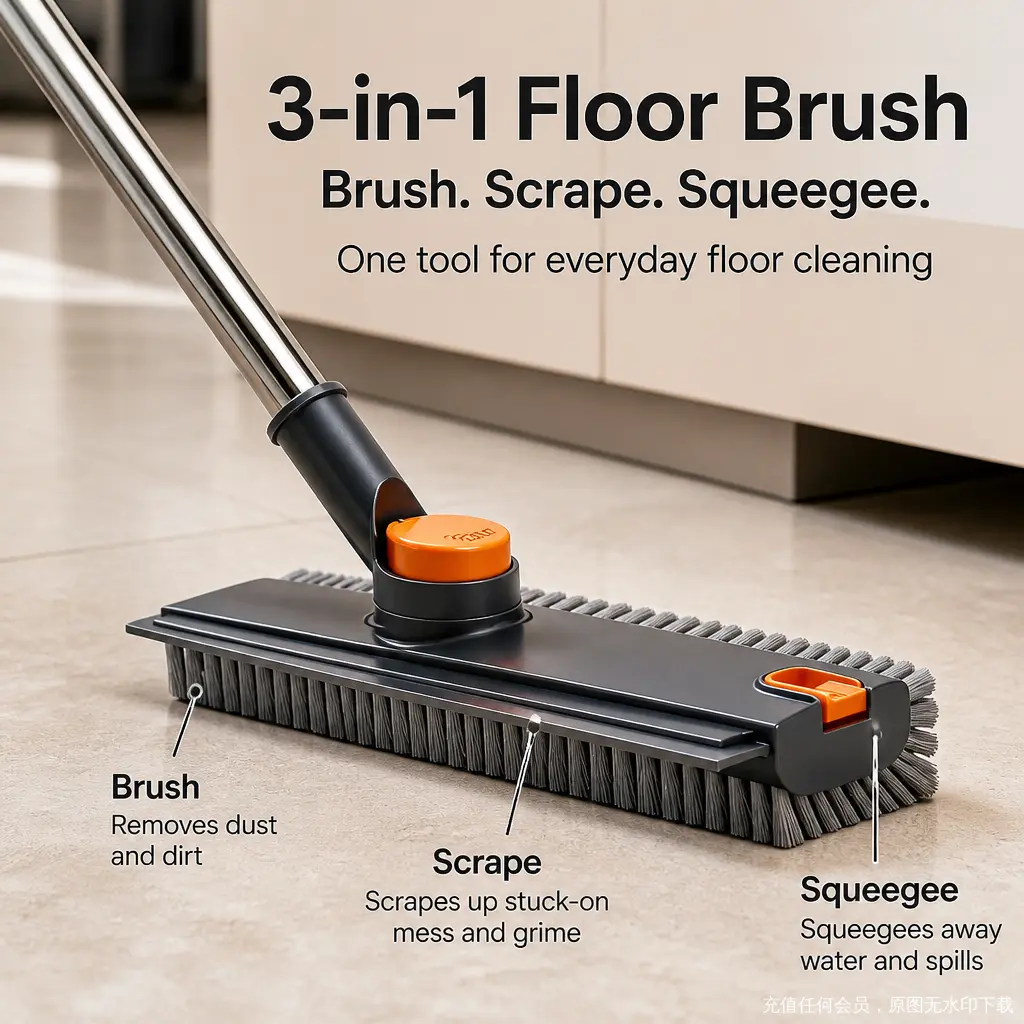 Floor Scrub Brush with 64" Long Handle - 360° Swivel Heads Household Push Brush with Squeegee and Right Angled Bristle for Cleaning Concrete Floors Grout Gardens Patio Deck Concrete Garage Heavy Duty