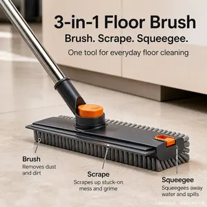 Floor Scrub Brush with 64" Long Handle - 360° Swivel Heads Household Push Brush with Squeegee and Right Angled Bristle for Cleaning Concrete Floors Grout Gardens Patio Deck Concrete Garage Heavy Duty