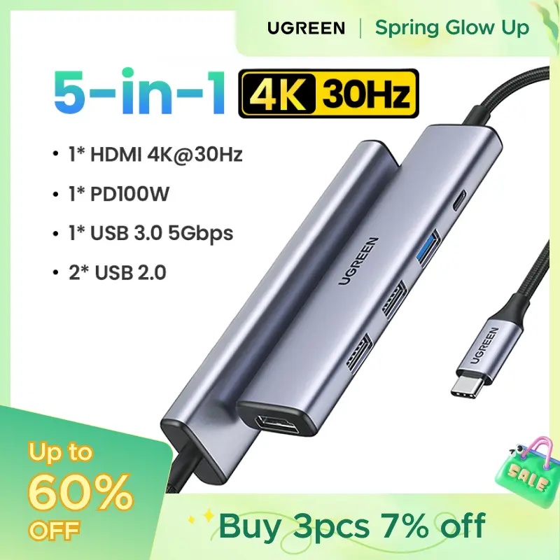 UGREEN USB C Hub 5 in 1 Multiport Adapter Revodok 105 4K HDMI, 100W Power Delivery, 3 USB-A Data Ports, USB C Dongle for MacBook Pro/Air, iPad Pro, iMac, iPhone 16 Pro/Pro Max, XPS, Thinkpad（HDMI Cable Not Included),TikTokShopSpringGlowUp,Greenish