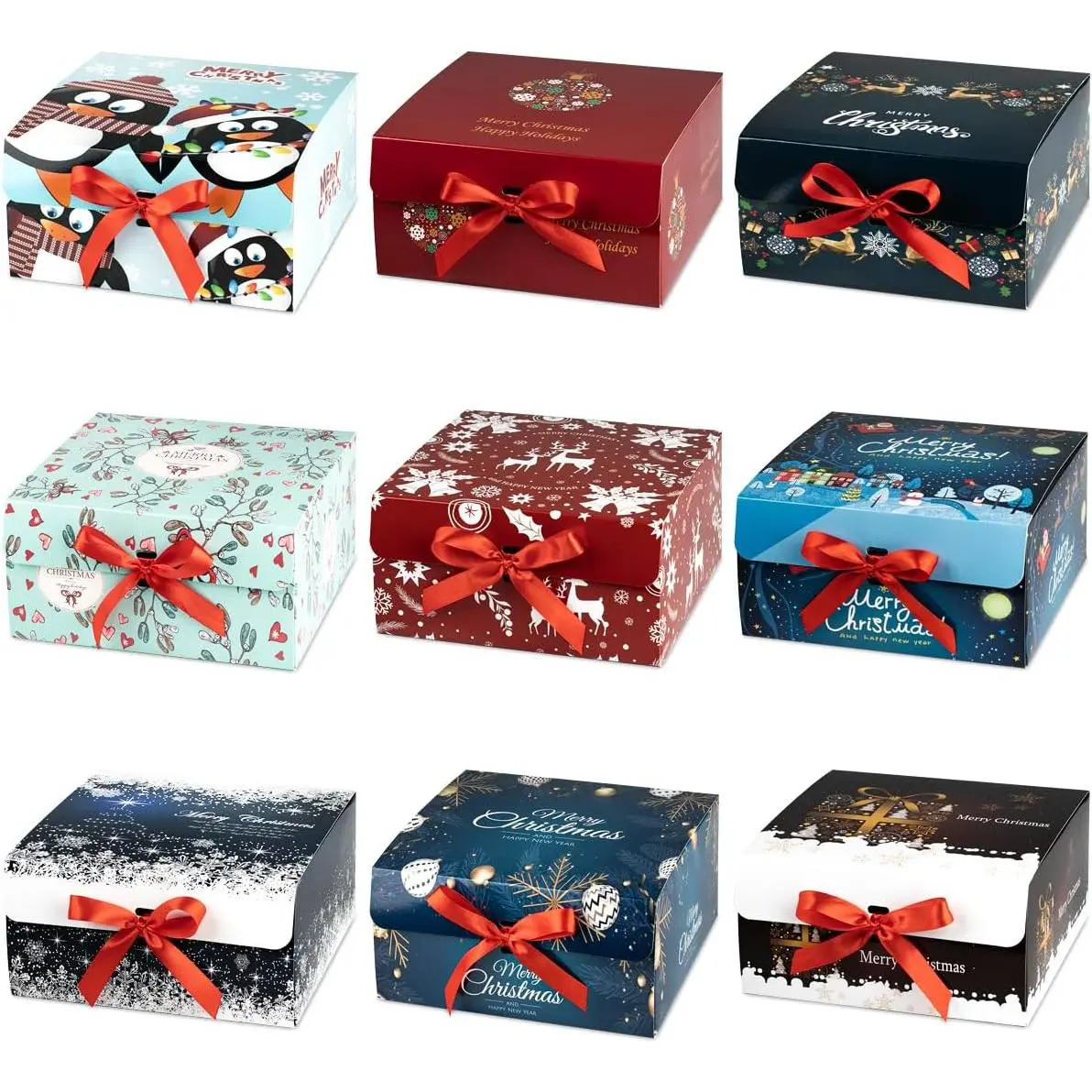 Lidded Christmas Gift Box Set, 9-Piece Gift Box with Red Ribbon, Mini Gift Boxes with Christmas-Themed Patterns, Perfect for Christmas Gifts, Easy Assembly