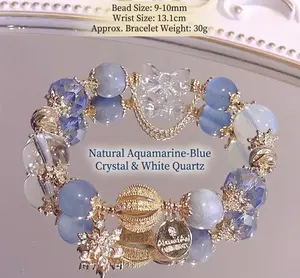 Natural Aquamarine-Blue Crystal & White Quartz: The Snowflake & Ribbon Edition