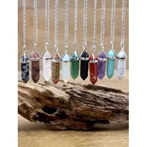 1pc Crystal Chakra Pendant Necklace, Natural Hexagonal Stone Column For Yoga, Anxiety, Meditation, Rose Quartz, Fluorite, Blue Sandstone