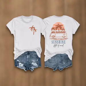 Women's Casual "Sunshine" Van & Palm Tree Graphic T-Shirt - 100% Cotton, Breathable, Short Sleeve, Round Neck, Relaxed Fit, Perfect for Spring & Summer, Casual Attire Tee - Womenswear, Top