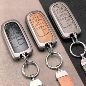 Zinc Alloy Leather Car Key Case Car Key Protector For Dodge Ram Charger Journey Durango Jeep Grand Cherokee Chrysler Keyless Fob Shell Holder