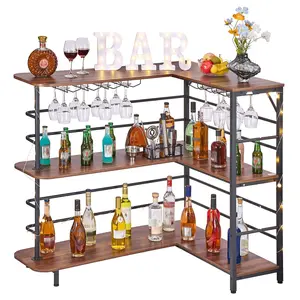 Home Bar Unit: L-Shaped Wine Bar Cabinet Table With Three-Tier Storage Shelves, Adjustable Foot Pads, LED Lighting, Walnut Finish And Metal Frame Liquor Cabinet For Home, Kitchen, Living Room, Pub, Basement