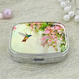 Flower & Hummingbird Pattern Pill Box, 1 Count Portable 2 Grid Pill Organizer, Rectangle Decorative Pill Box for Home Office School, Medicine Organizer