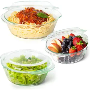 6- Clear Glass Casserole Dishes for Oven With , Durable Tempered Borosilicate Glass Bakeware Set, Microwave Safe, 3 Round Sizes for Cooking, Serving  Storage