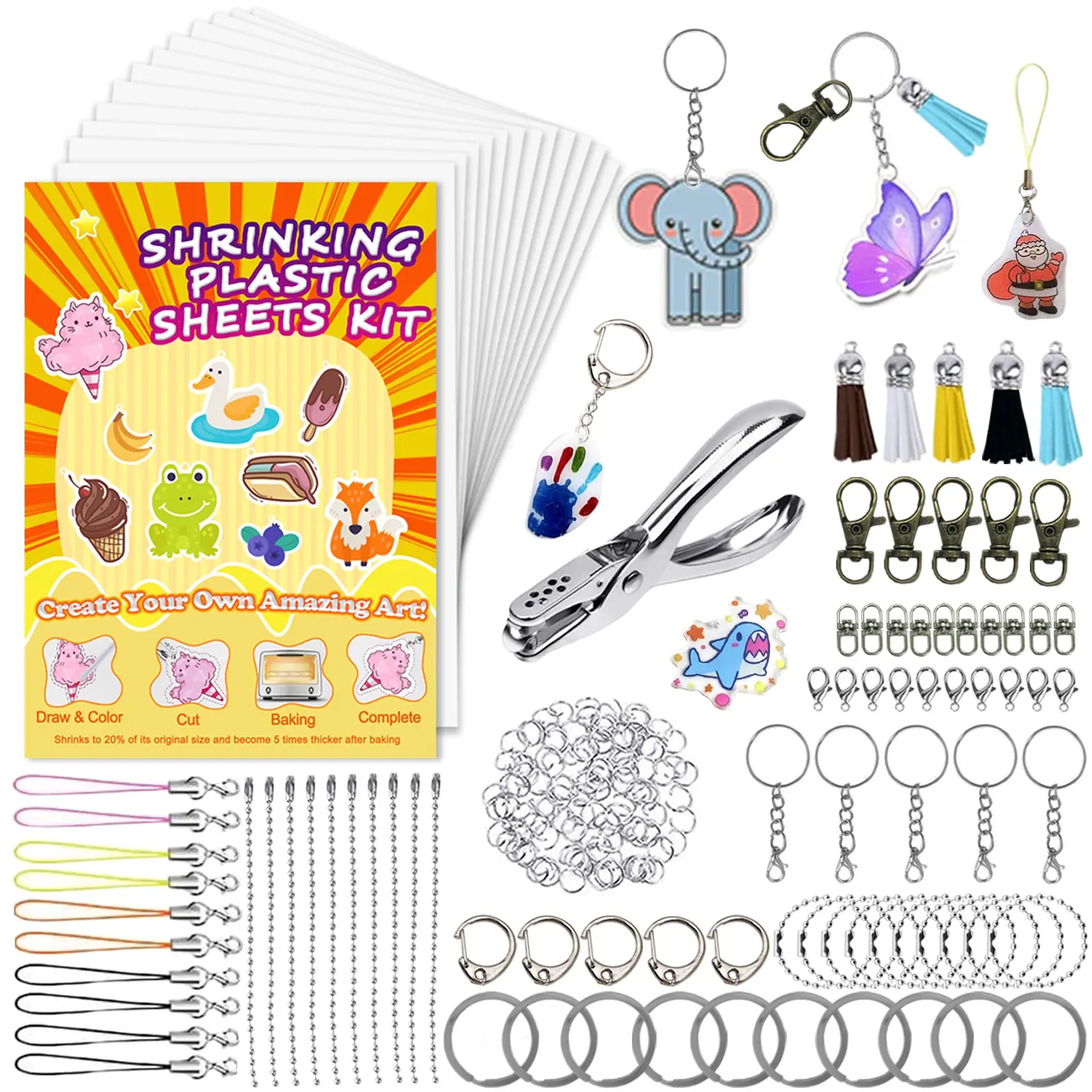 223PCS All-in-One Shrinky Dink Keychain Kit, 12PCS Heat Shrink Plastic Sheets with Hole Punch, Tassels, Lobster Clasps, Jump Rings, DIY Handprint Ornaments & Handmade Keychains, Keychain Accessories, Craft Supplies for Kids Teens Adults, Ideal Gifts for M