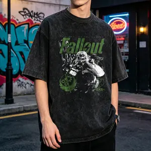 Fallout Power Armor Men's Vintage Washed T-Shirt Fallout Power Armor Robot Green Logo Oversized Graphic Tee Outdoor Casual Short Sleeve