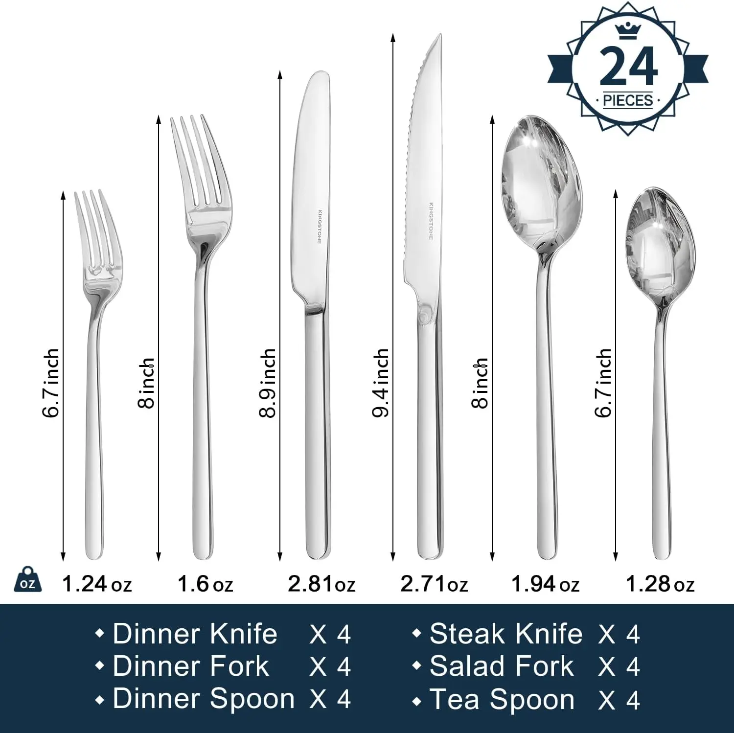 KINGSTONE 24-Piece Silverware Set with Steak Knives, Stainless Steel Flatware for 4, Mirror Finish, Modern Design, 18/10 Stainless Steel, Dishwasher Safe
