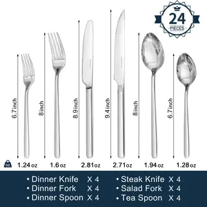 KINGSTONE 24-Piece Silverware Set with Steak Knives, Stainless Steel Flatware for 4, Mirror Finish, Modern Design, 18/10 Stainless Steel, Dishwasher Safe