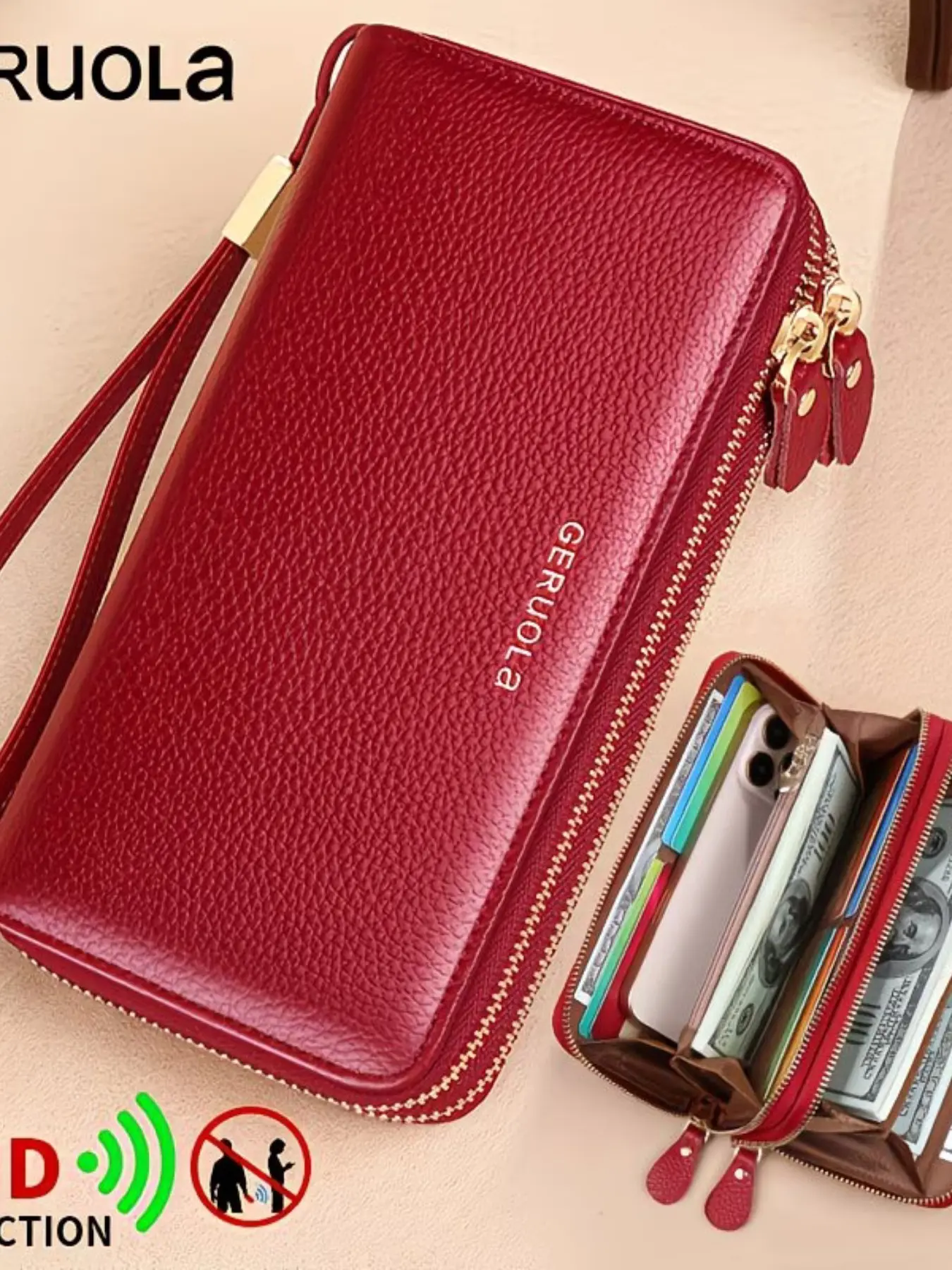 First Layer Cowhide Leather Wallet Phone Bag Credit Card Holder ID Document Case with Wrist Strap, Unisex Commuter Travel Gift, Genuine Leather Purse, Money Bag Purse, Zipper Purse