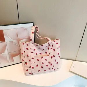 Strawberry Tote Bag With Zipper, Cute Corduroy Tote Bags For School, Large Work Bags For Women